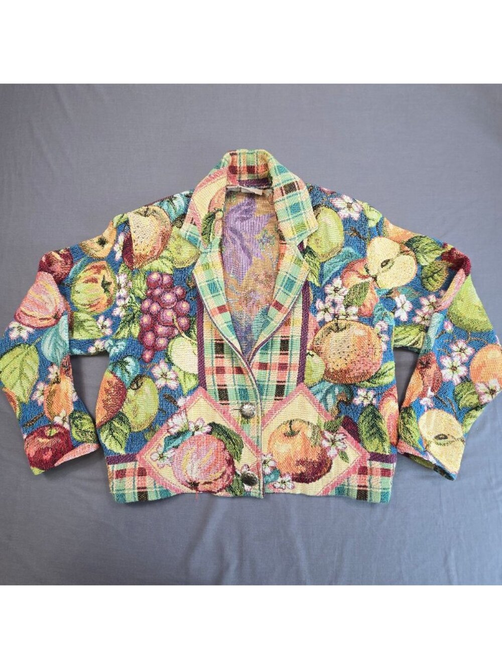 Vintage Painted Pony L XL Cropped Jacket Blazer Fruit Print Tapestry 100% Cotton